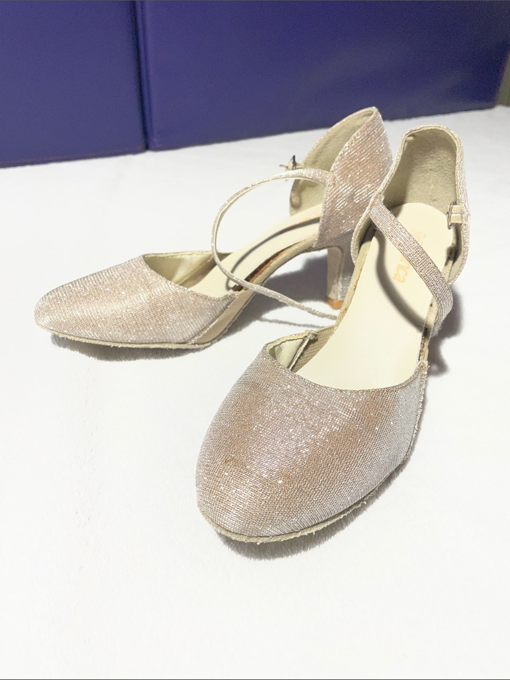 Sparkling Ankle-Strap So Danca dance shoes in Champagne Glitter 2.5 inch heels.